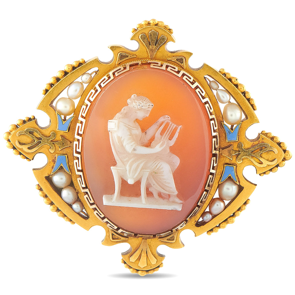 Antique-style gold cameo brooch with oval orange agate, white carved figures, pearls, blue enamel
