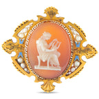 Antique-style gold cameo brooch with oval orange agate, white carved figures, pearls, blue enamel