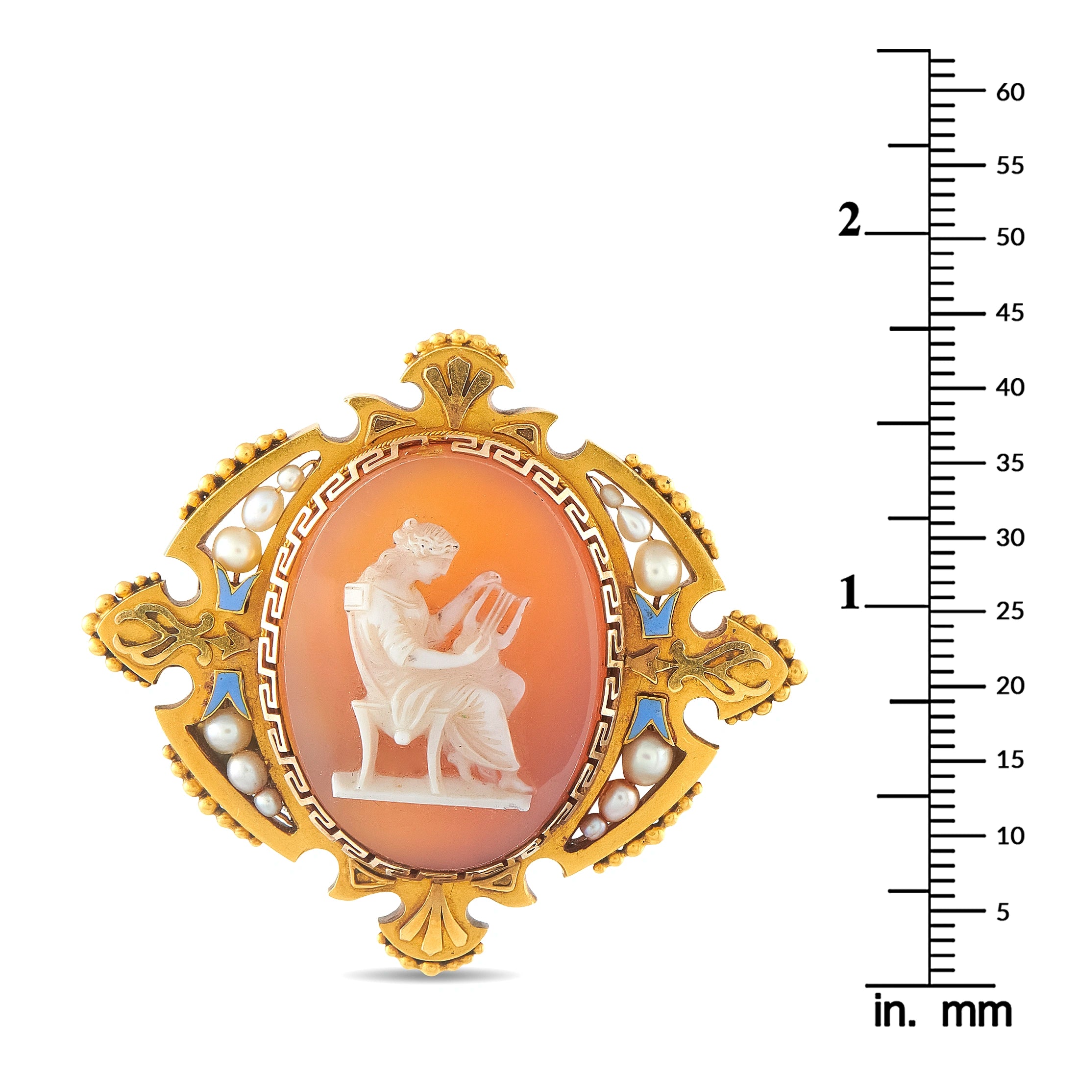 Gold cameo brooch with oval orange agate, white carved couple, pearls, blue enamel, ornate frame