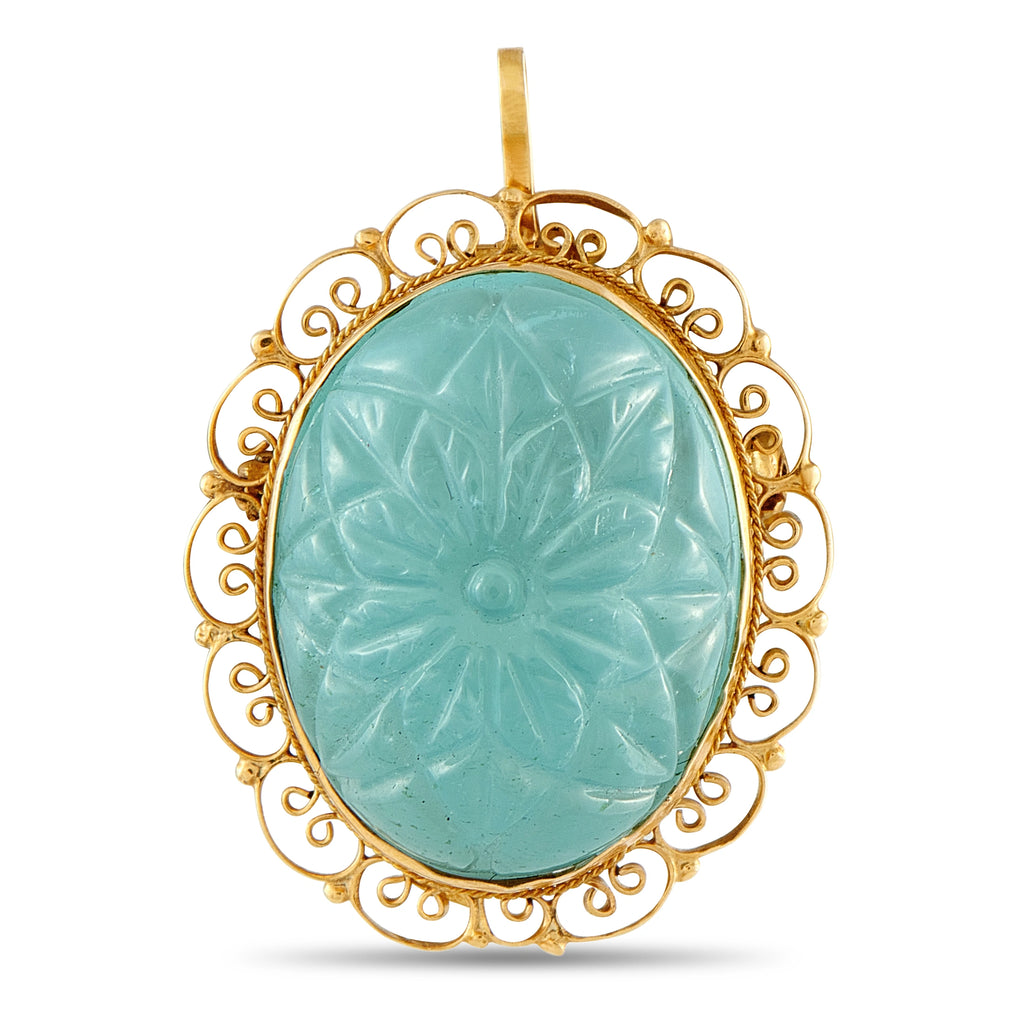 Exclusive  18K Yellow Gold 25ct Carved Aquamarine Filigree Pendant