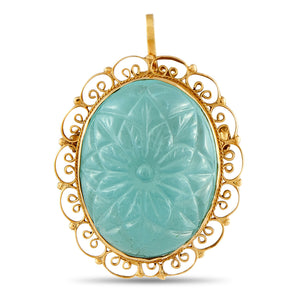 18K Yellow Gold 25ct Carved Aquamarine Filigree Pendant