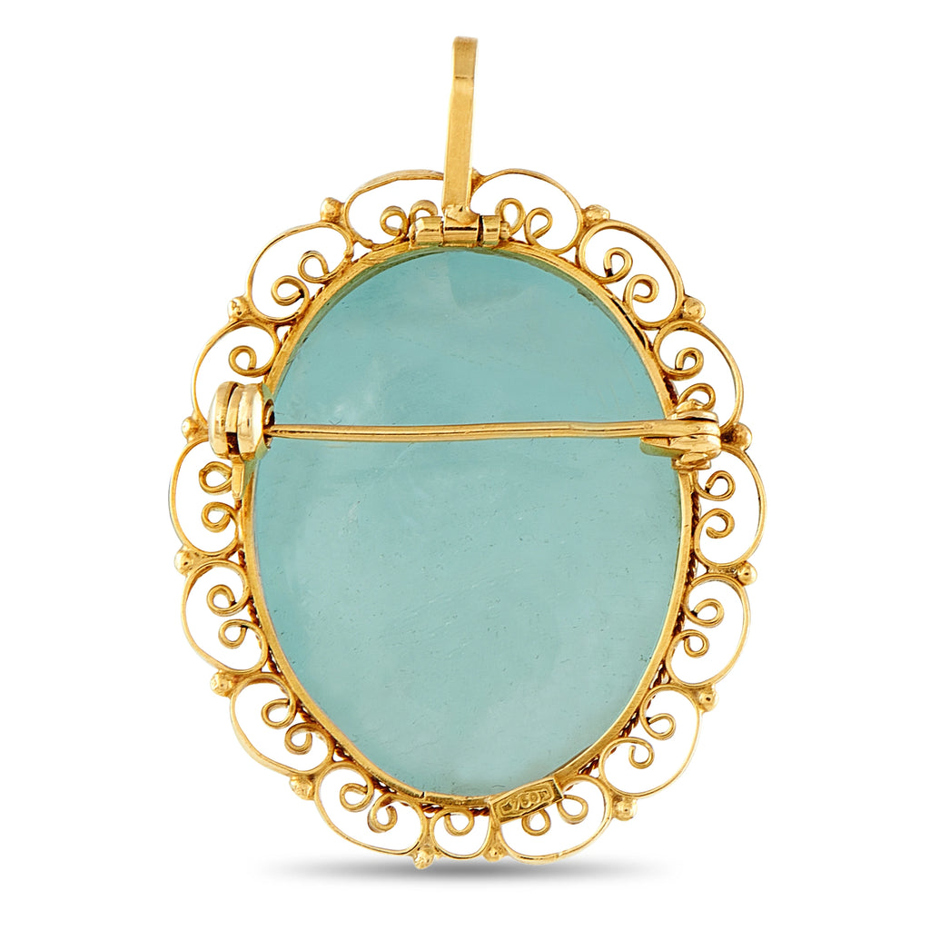 18K Yellow Gold 25ct Carved Aquamarine Filigree Pendant