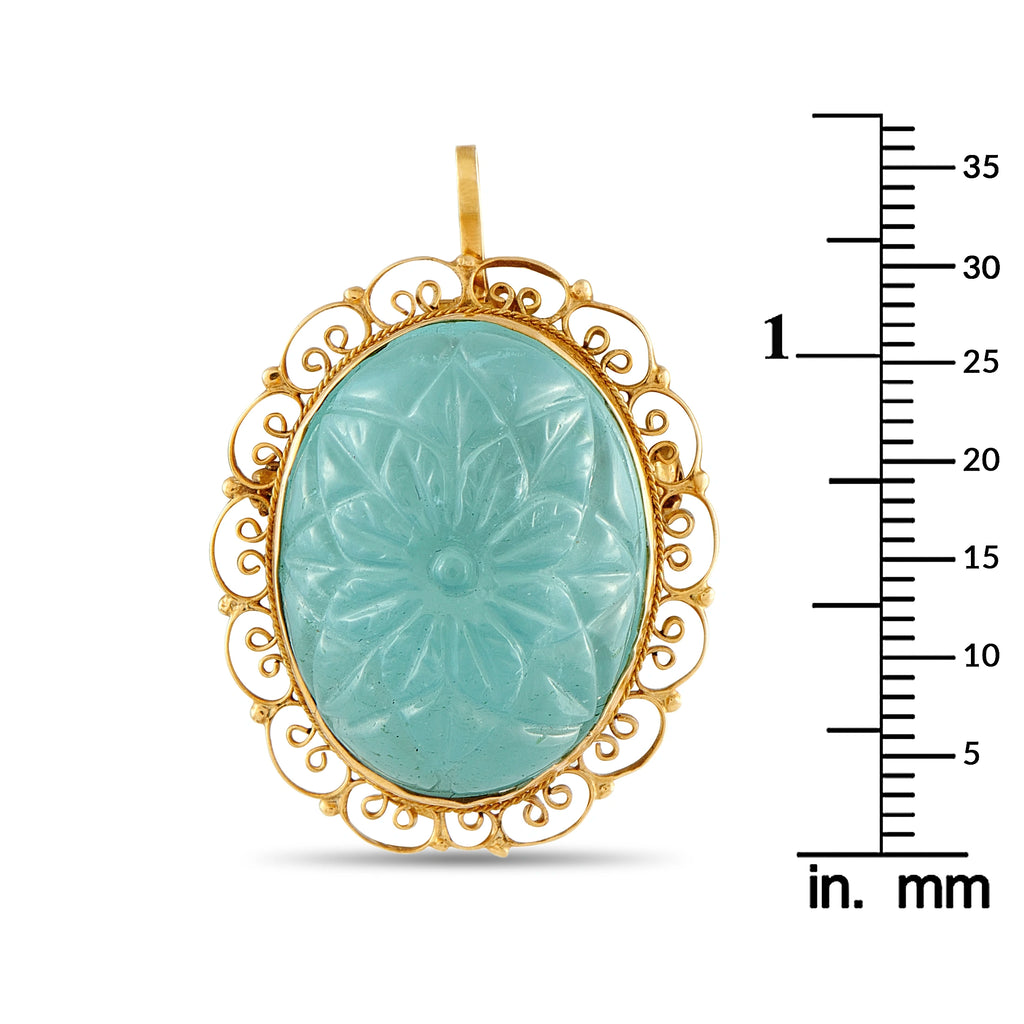 18K Yellow Gold 25ct Carved Aquamarine Filigree Pendant