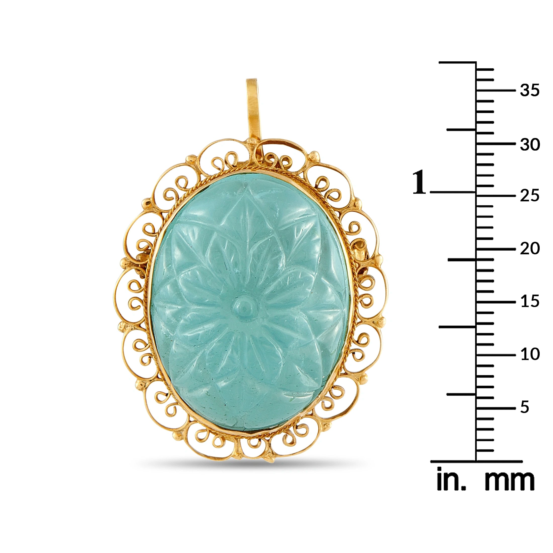 18K Yellow Gold 25ct Carved Aquamarine Filigree Pendant