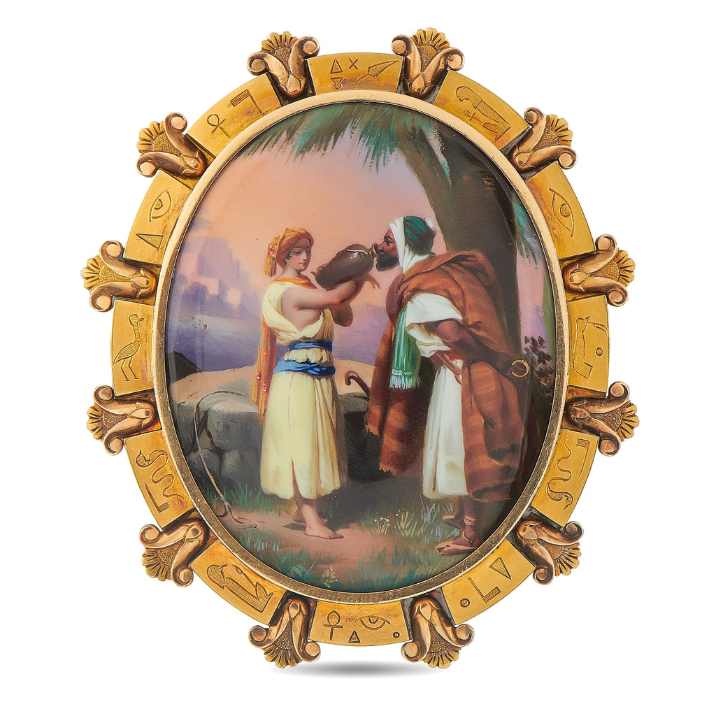 18K Yellow Gold Victorian Egyptian Revival Hand-Painted Enamel Brooch