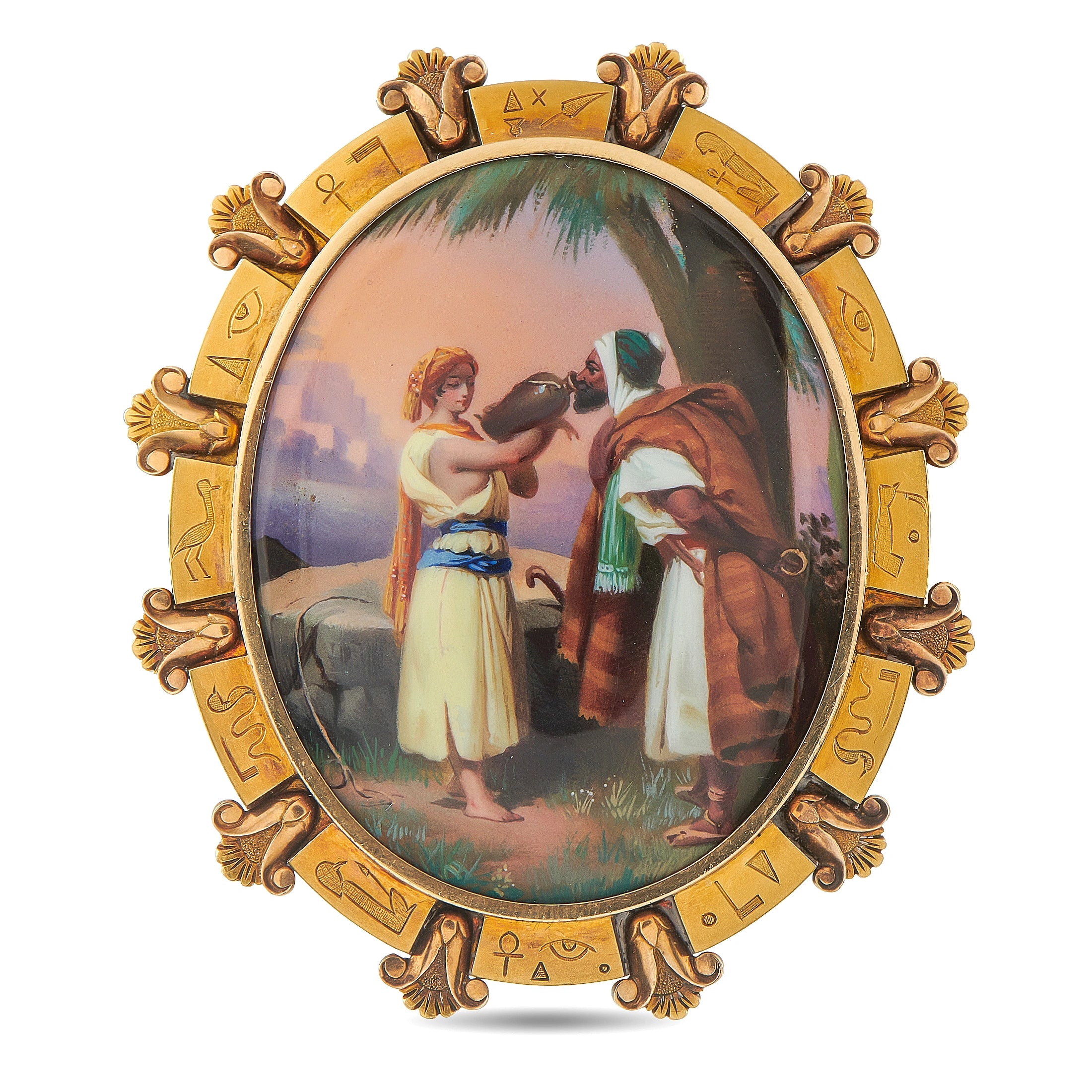 18K Yellow Gold Victorian Egyptian Revival Hand-Painted Enamel Brooch