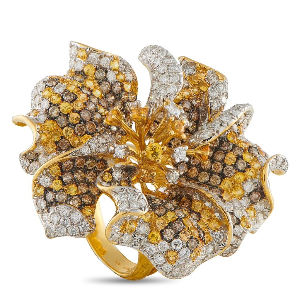 18K Yellow Gold 5.56ct Diamond and Sapphire Hibiscus Ring