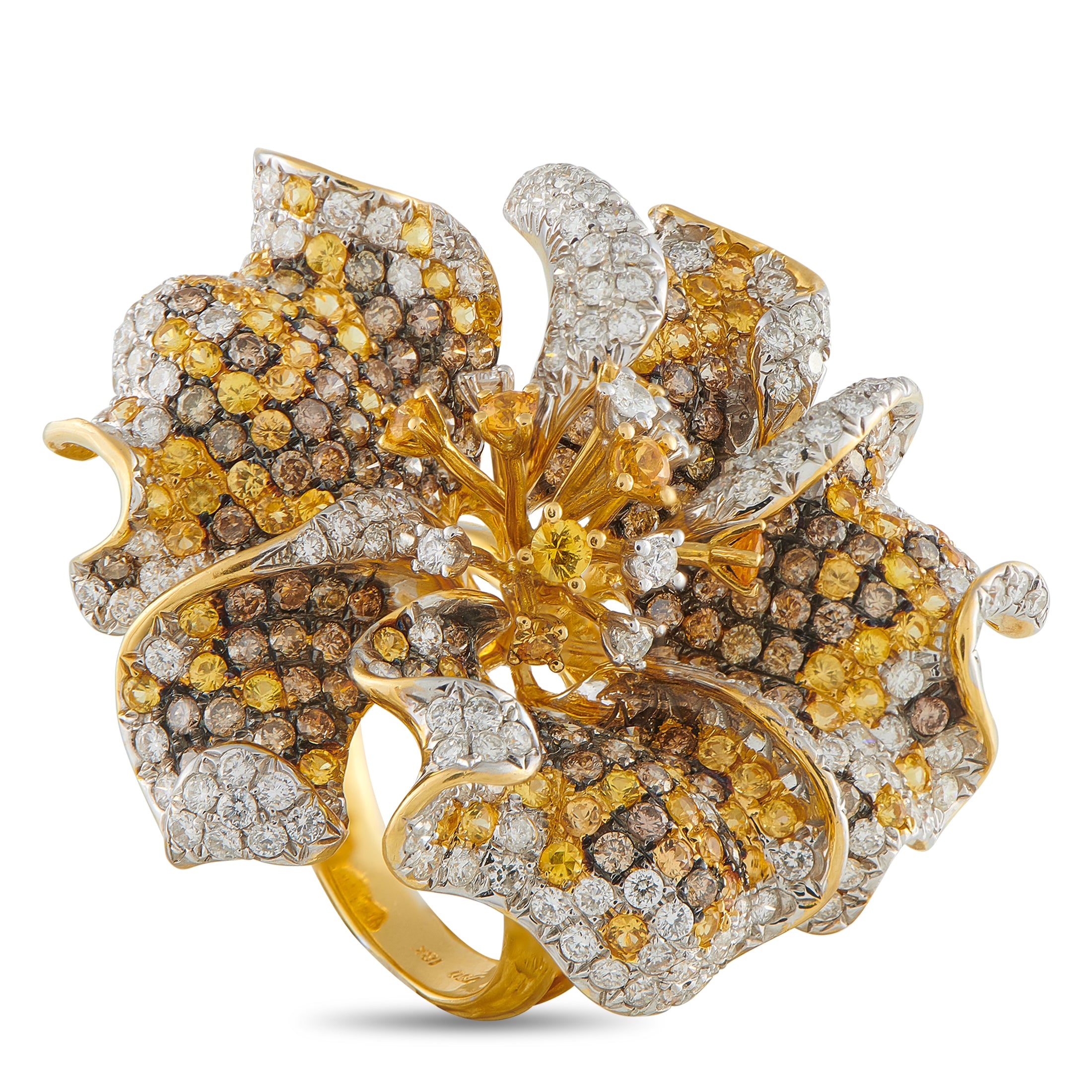 18K Yellow Gold 5.56ct Diamond and Sapphire Hibiscus Ring