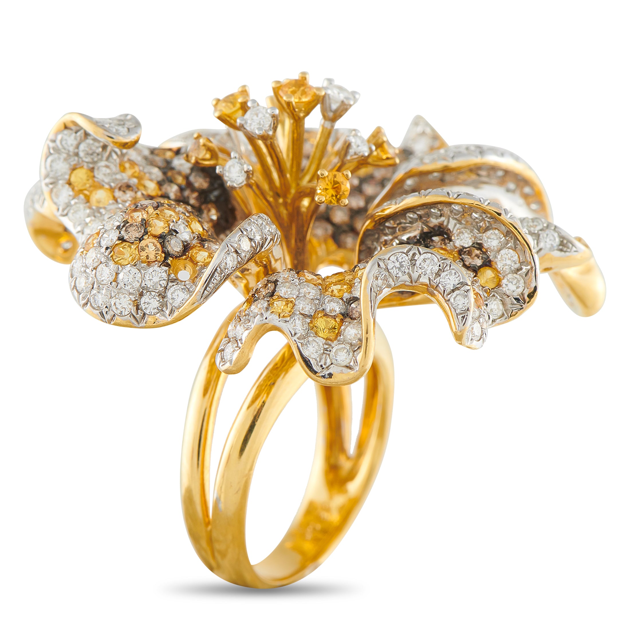18K Yellow Gold 5.56ct Diamond and Sapphire Hibiscus Ring
