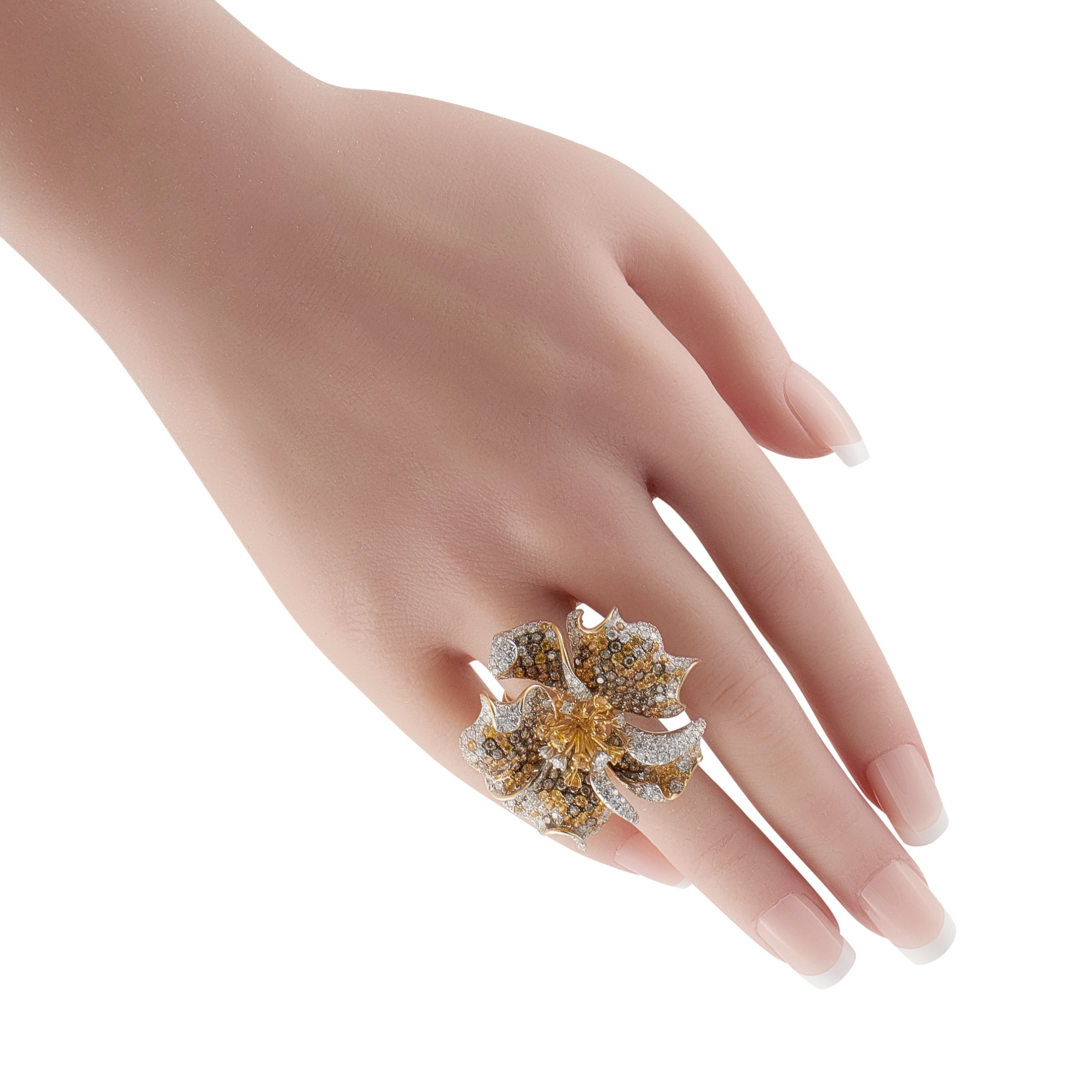 18K Yellow Gold 5.56ct Diamond and Sapphire Hibiscus Ring