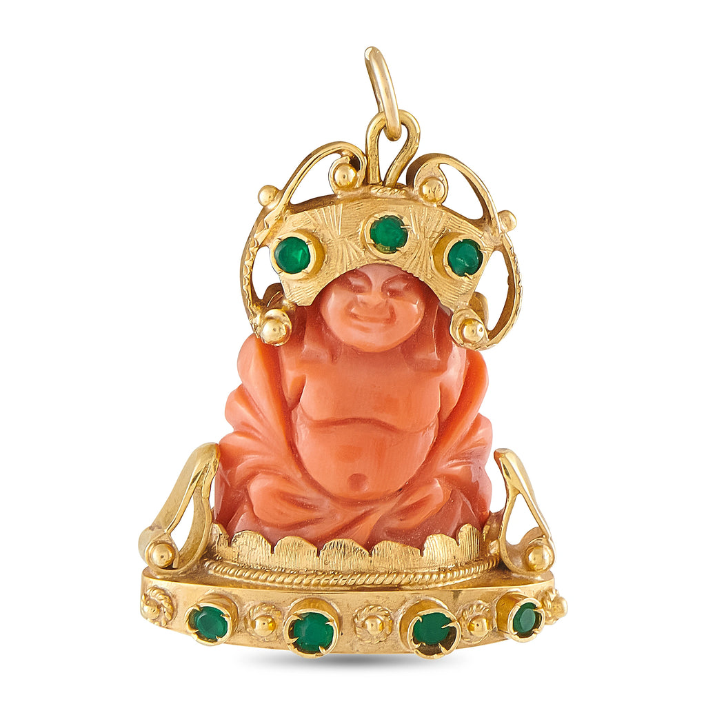 Happy Buddha pendant, coral-colored carved figure in 18K yellow gold with green emeralds