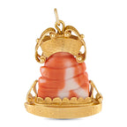 Happy Buddha pendant with coral-colored carved figure in 18K yellow gold, openwork crown