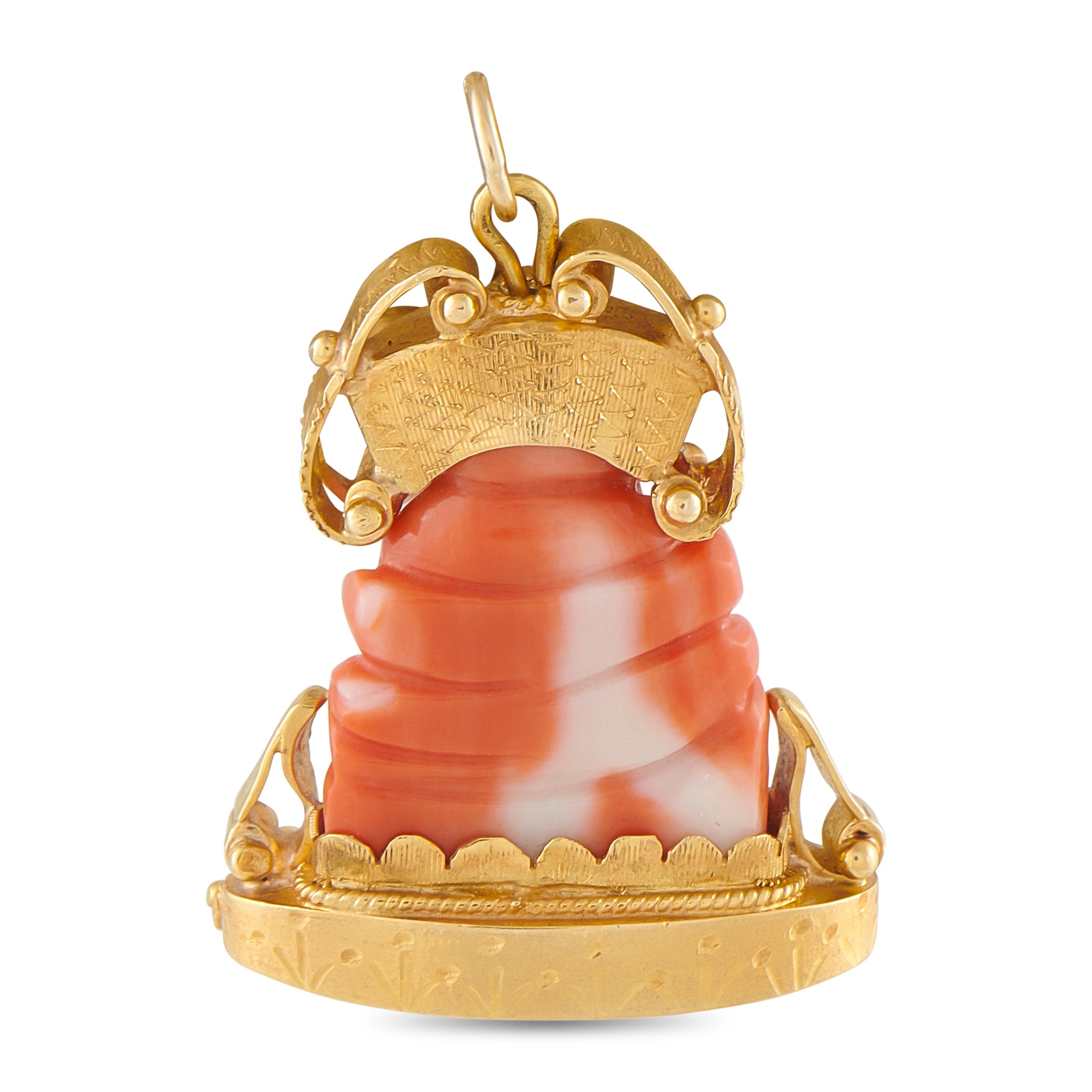 Happy Buddha pendant with coral-colored carved figure in 18K yellow gold, openwork crown