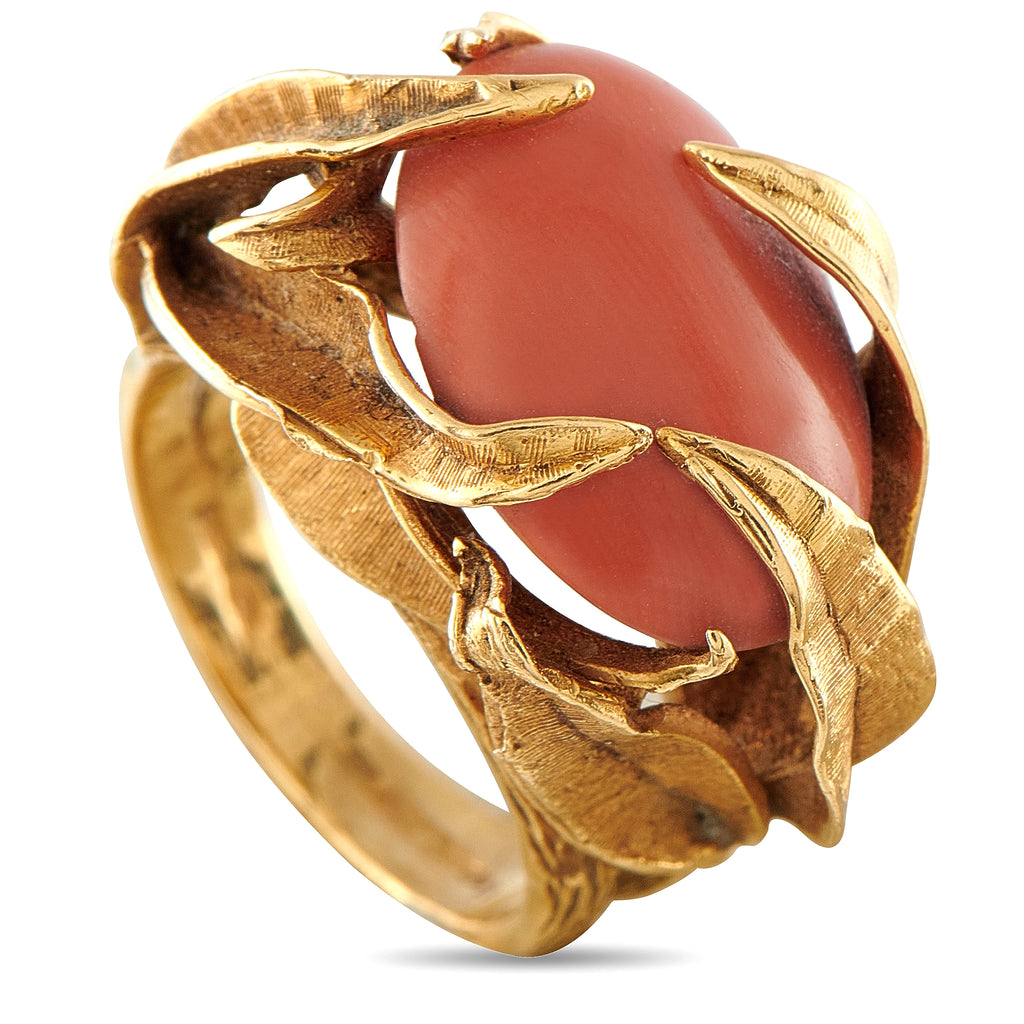 Exclusive  Antique 18K Yellow Gold Coral Cabochon Sculptural Leaf Motif Ring