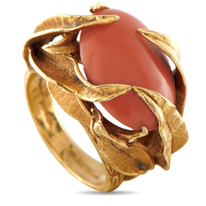 Antique 18K Yellow Gold Coral Cabochon Sculptural Leaf Motif Ring