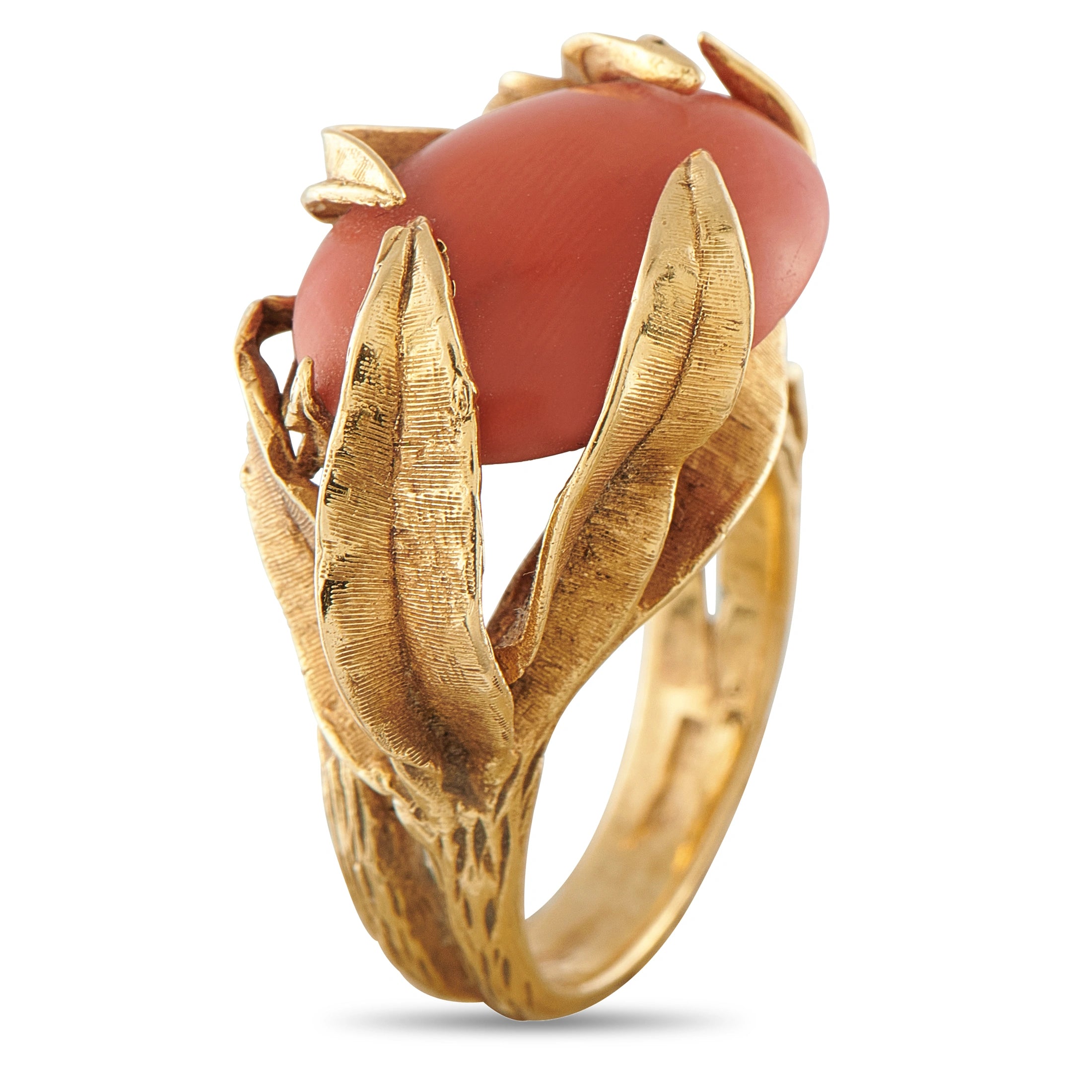 Antique 18K Yellow Gold Coral Cabochon Sculptural Leaf Motif Ring