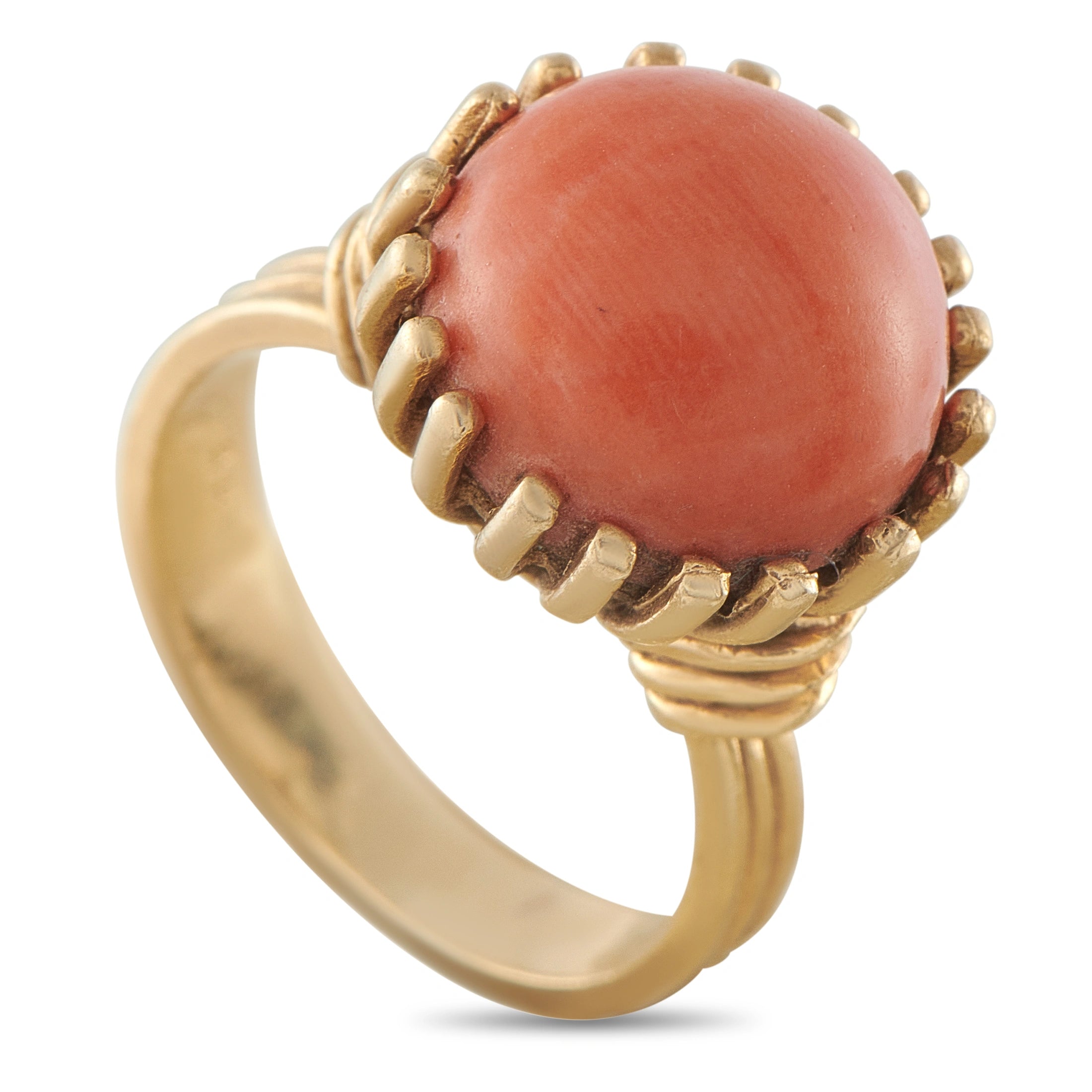 Vintage 18K yellow gold ring with oval coral cabochon and ornate bezel setting
