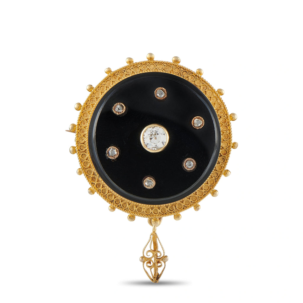 Antique 18K Yellow Gold 0.50ct Diamond and Agate Brooch