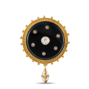 Antique 18K Yellow Gold 0.50ct Diamond and Agate Brooch