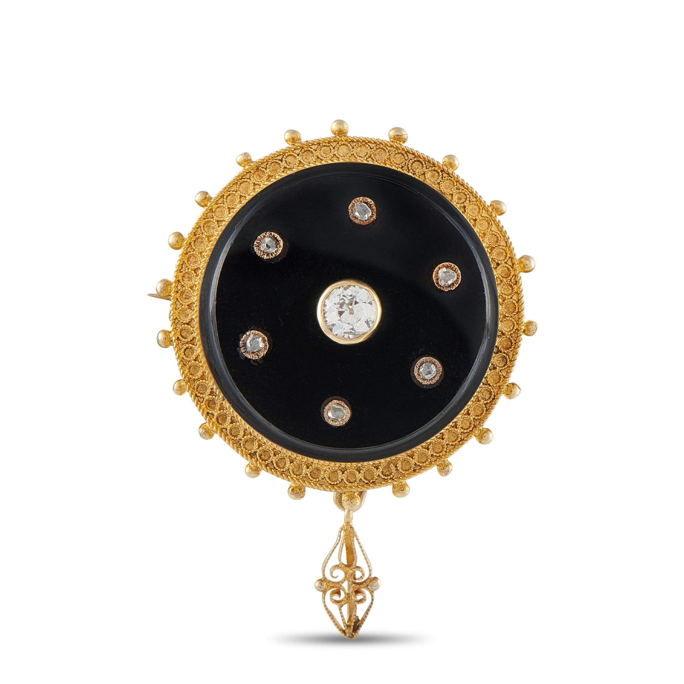 Antique 18K Yellow Gold 0.50ct Diamond and Agate Brooch