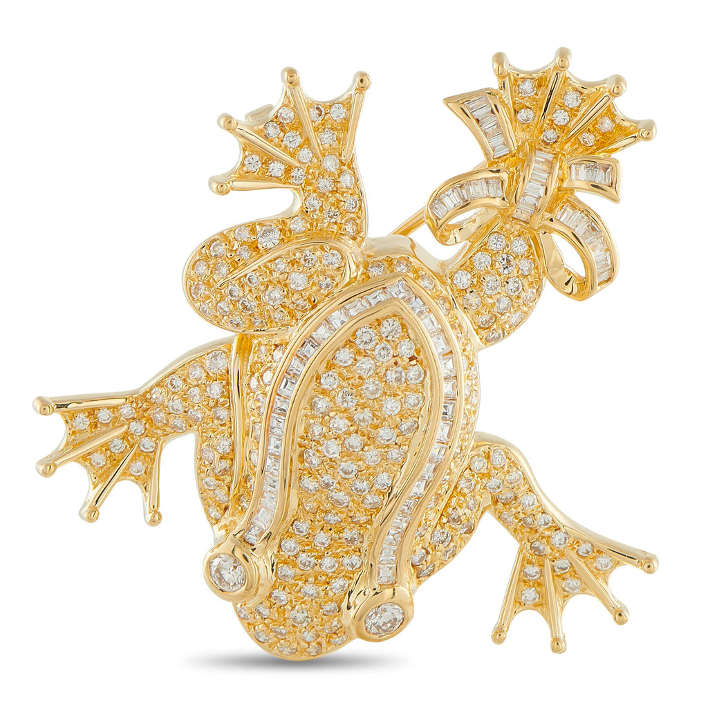 Exclusive 18K Yellow Gold 3.38ct Diamond Frog Pendant — Fashioned in 18K yellow gold, this frog brooch is designed with playf