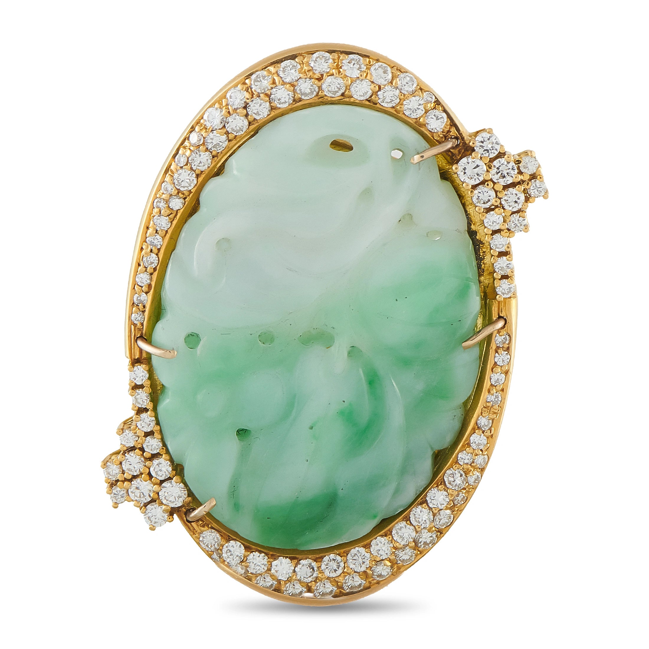18K Yellow Gold 1.50ct Diamond and Carved Jade Brooch