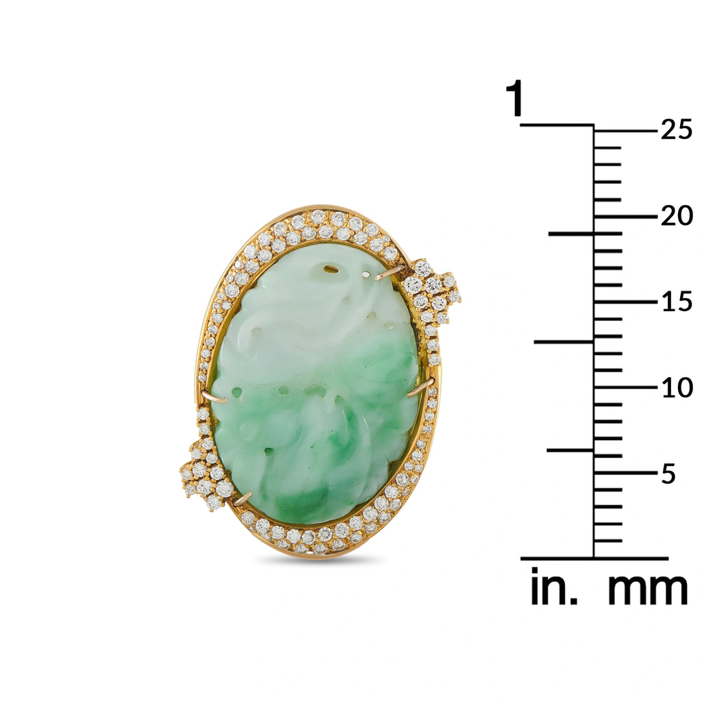 18K Yellow Gold 1.50ct Diamond and Carved Jade Brooch