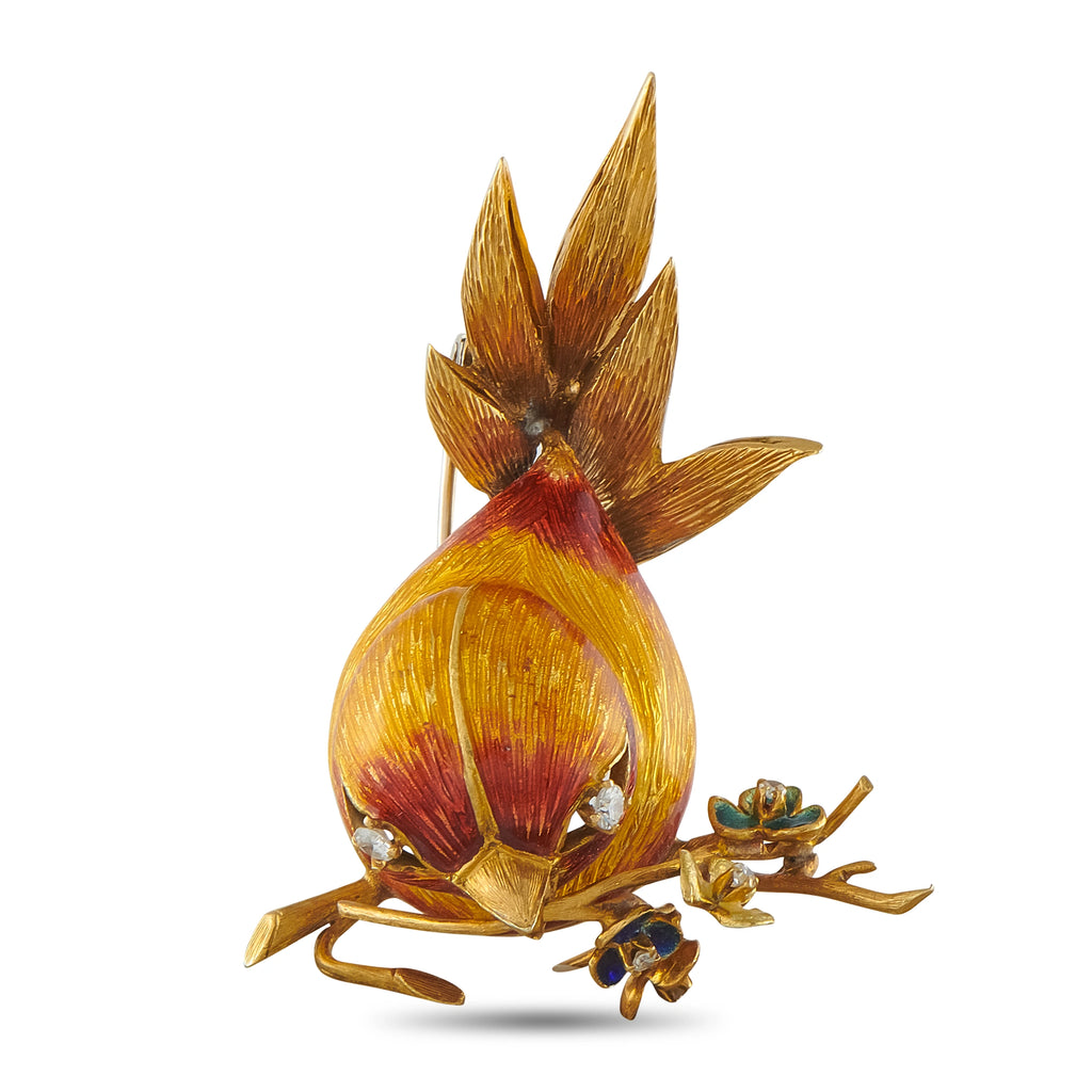 18K Yellow Gold 0.20ct Diamond and Enamel Bird Brooch