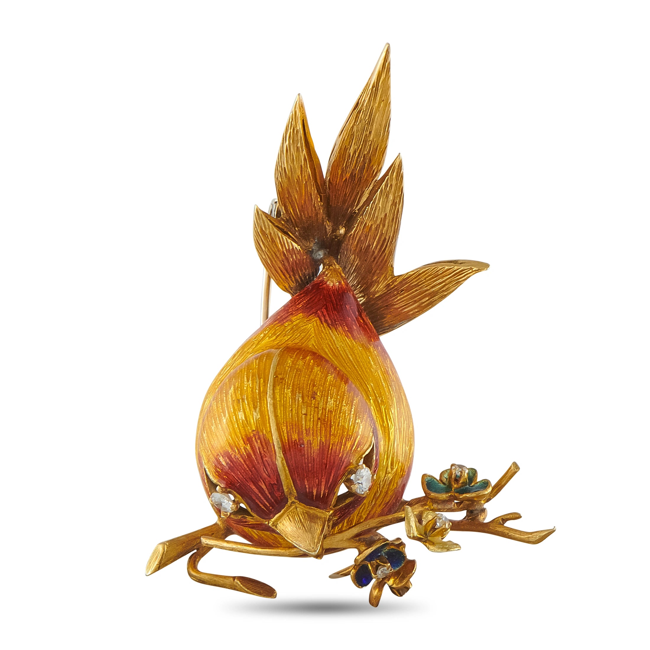 18K Yellow Gold 0.20ct Diamond and Enamel Bird Brooch