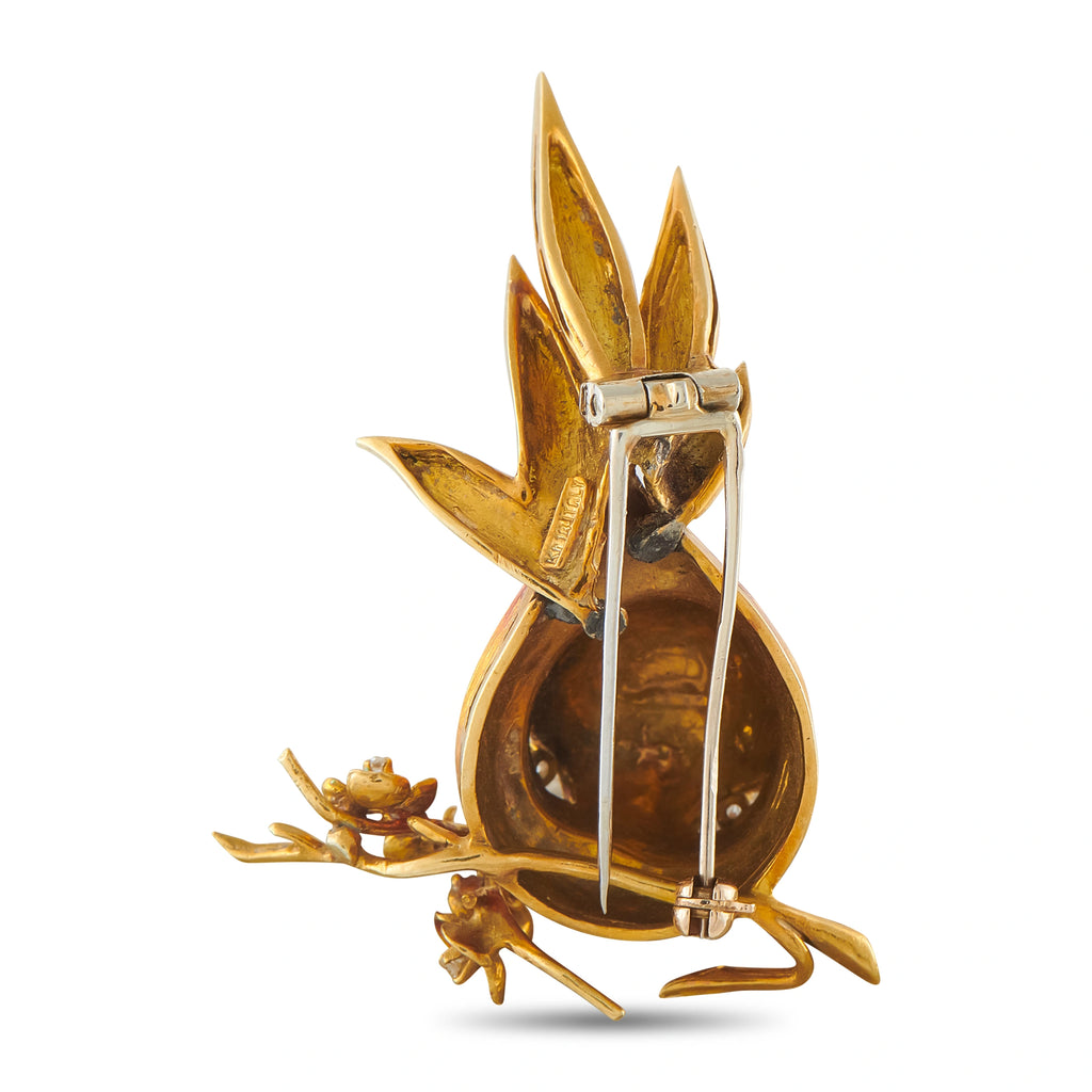 18K Yellow Gold 0.20ct Diamond and Enamel Bird Brooch