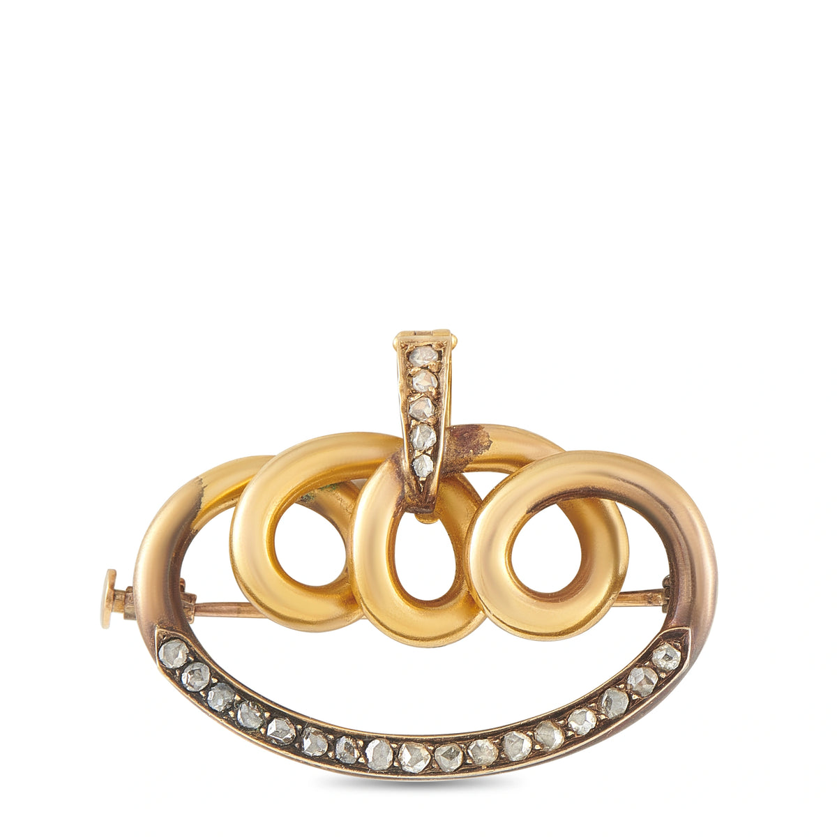 Antique Victorian 18K yellow gold scroll brooch with rose-cut diamonds