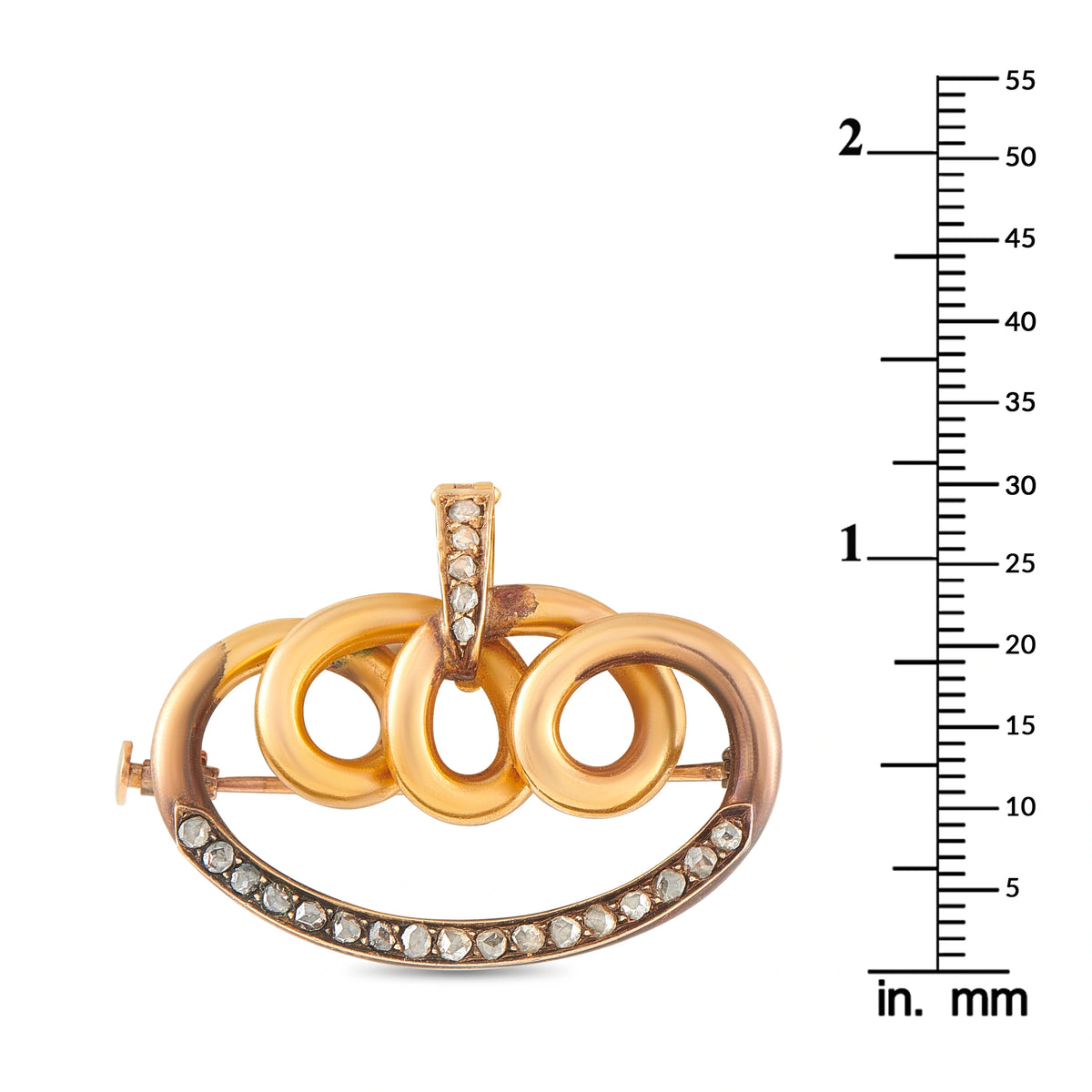 Yellow gold oval brooch with vertical diamond set and curved diamond row