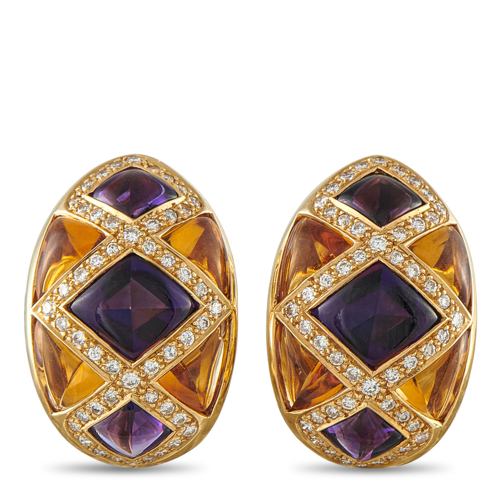 18K Yellow Gold 1.0ct Diamond, Citrine and Amethyst Earrings