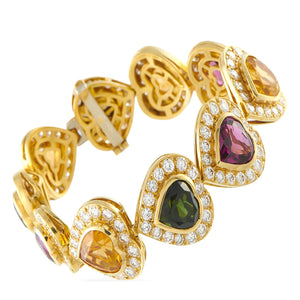 18K Yellow Gold 9.02ct Diamond, Citrine, and Tourmaline Heart Bracelet