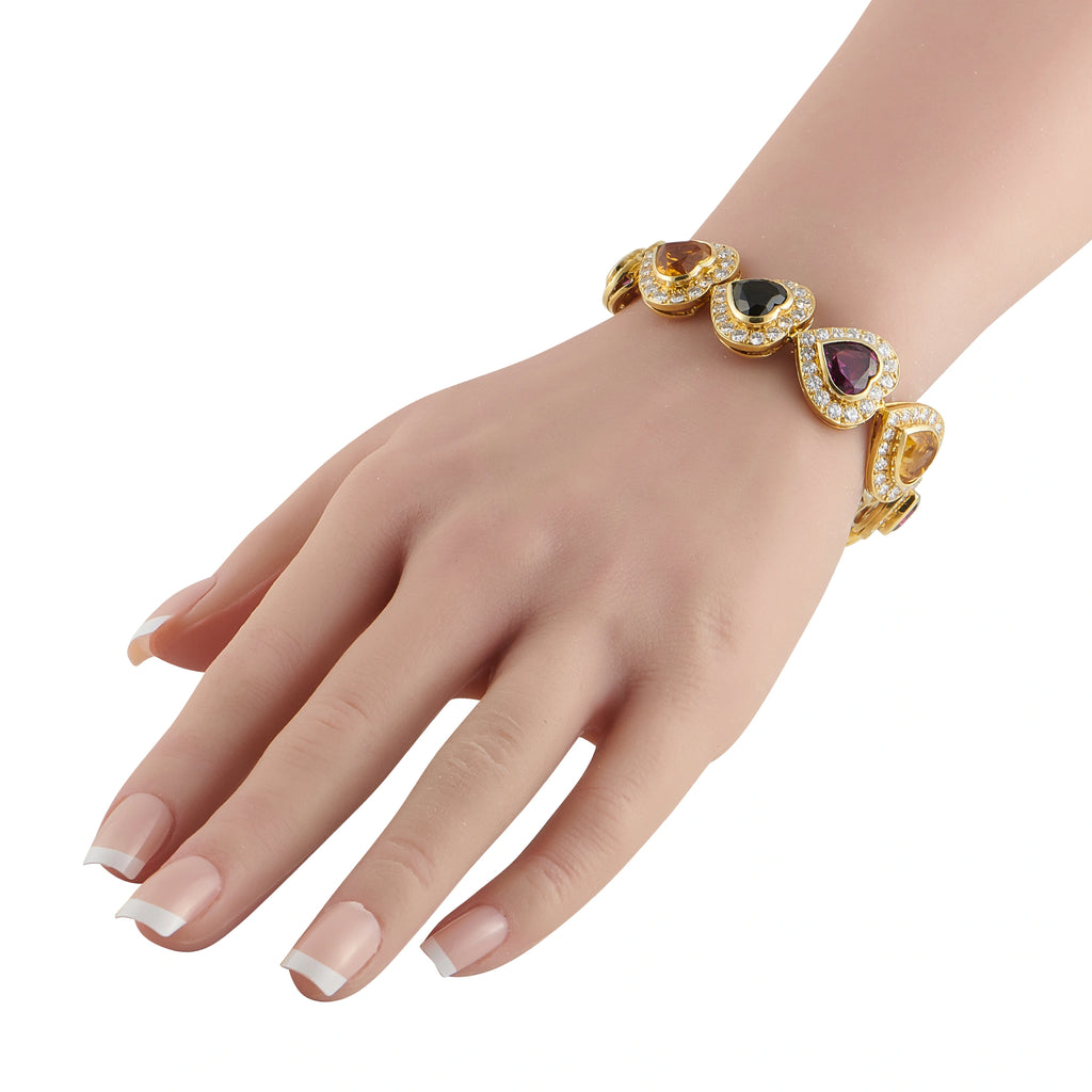 18K Yellow Gold 9.02ct Diamond, Citrine, and Tourmaline Heart Bracelet
