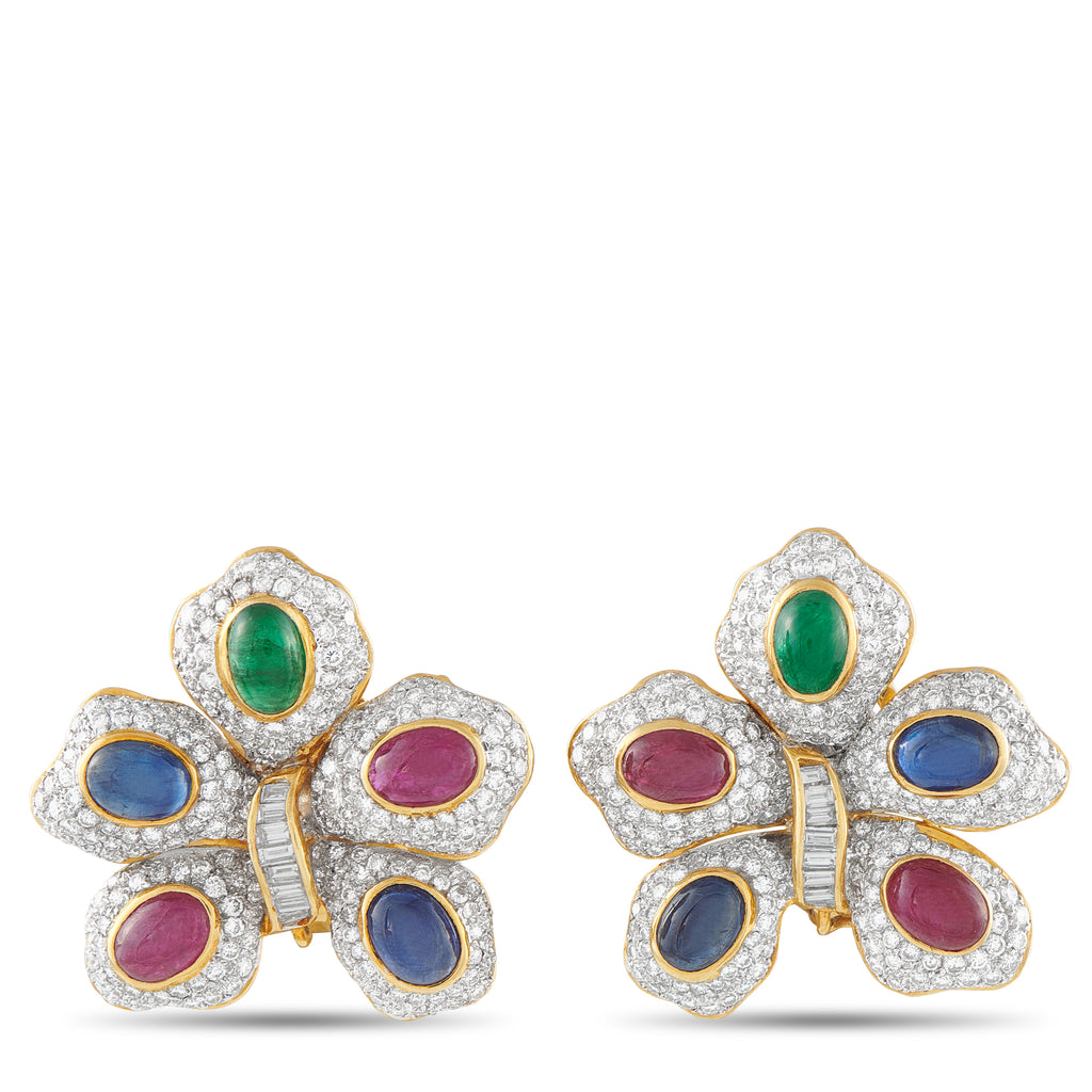 18K Yellow Gold 4.80ct Diamond and Colored Gemstone Flower Earrings