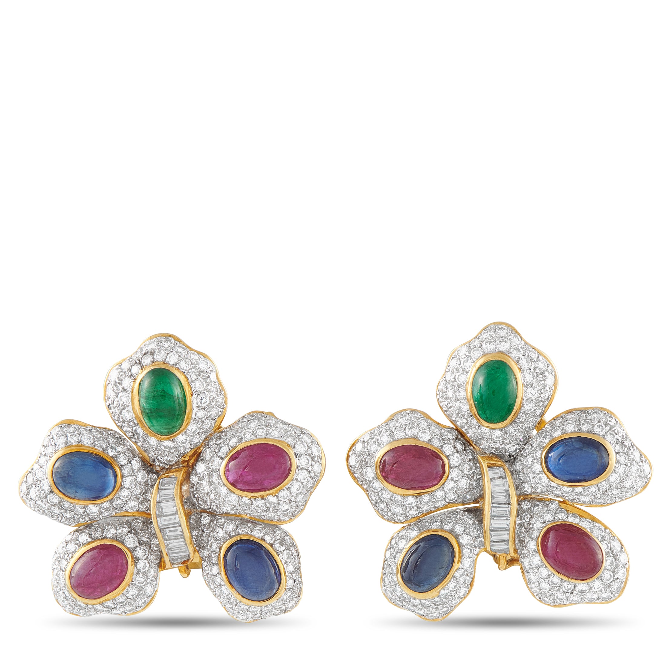 18K Yellow Gold 4.80ct Diamond and Colored Gemstone Flower Earrings