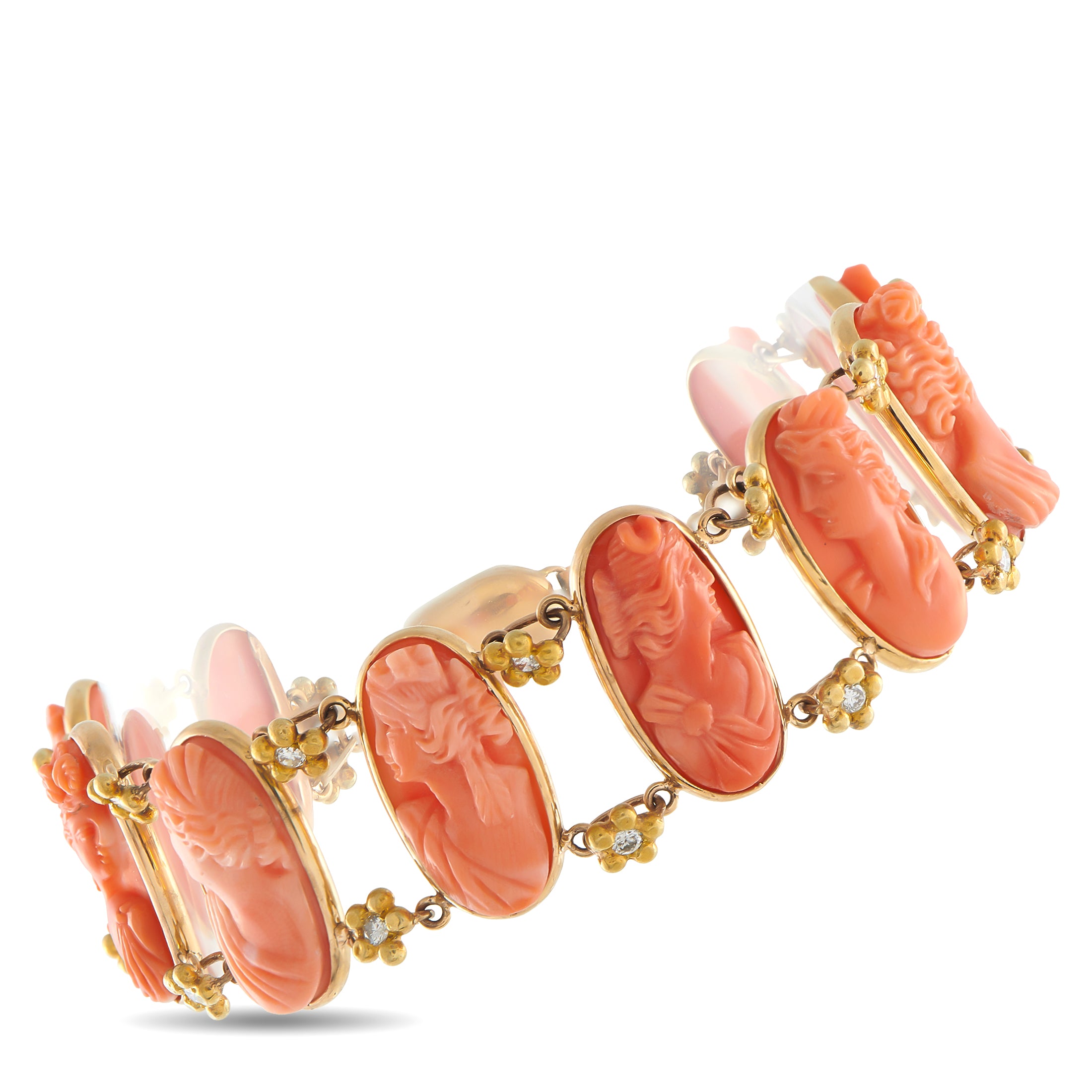 Vintage 18K Yellow Gold 0.60ct Diamond and Coral Cameo Bracelet