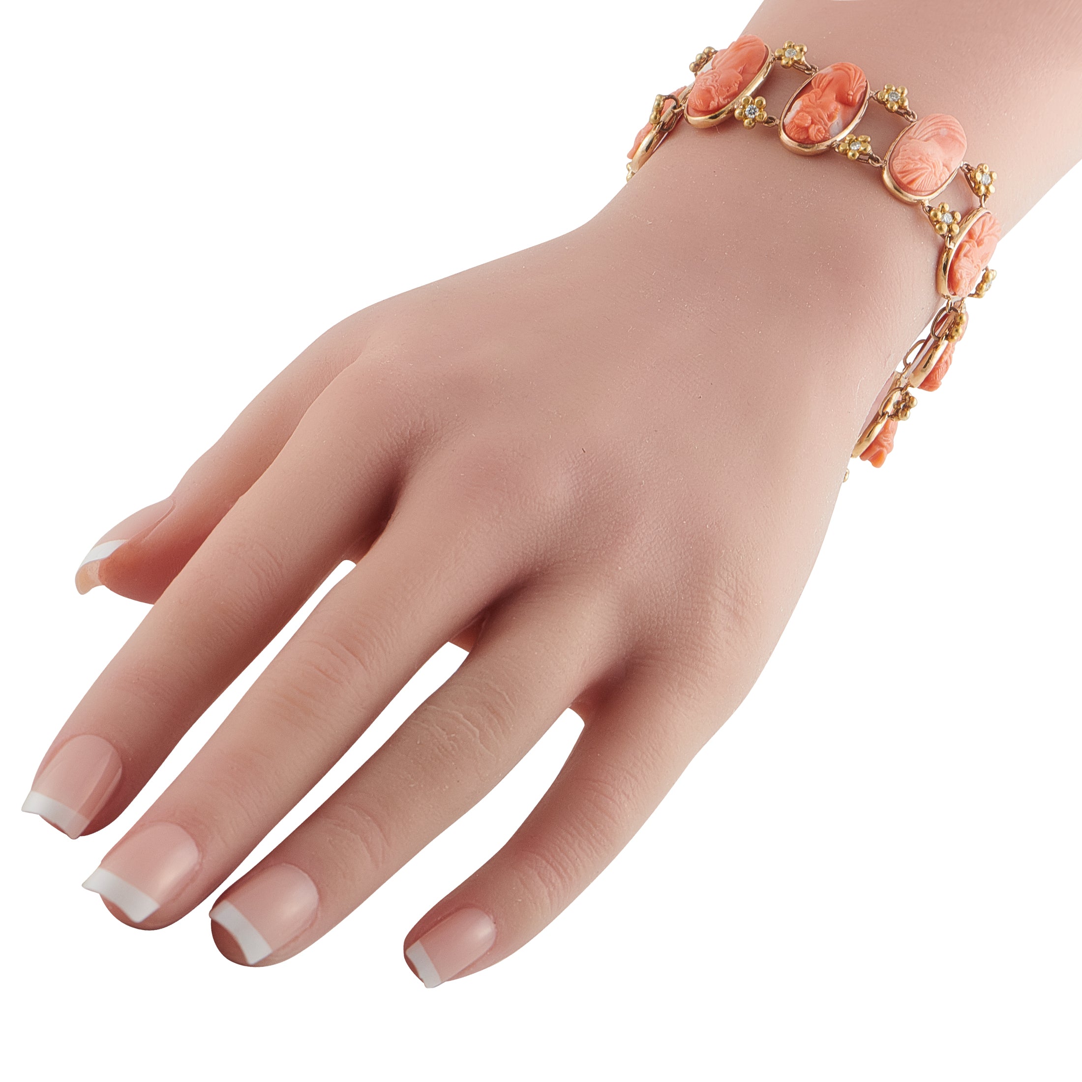 Vintage 18K Yellow Gold 0.60ct Diamond and Coral Cameo Bracelet