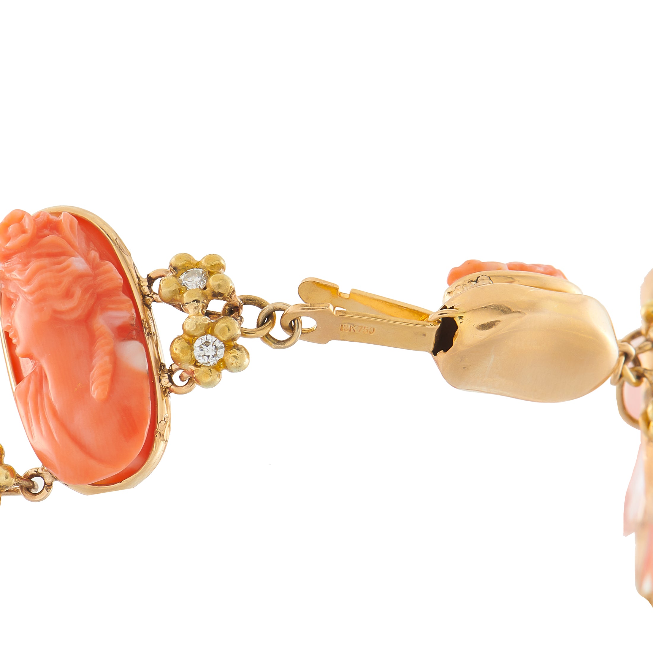 Vintage 18K Yellow Gold 0.60ct Diamond and Coral Cameo Bracelet