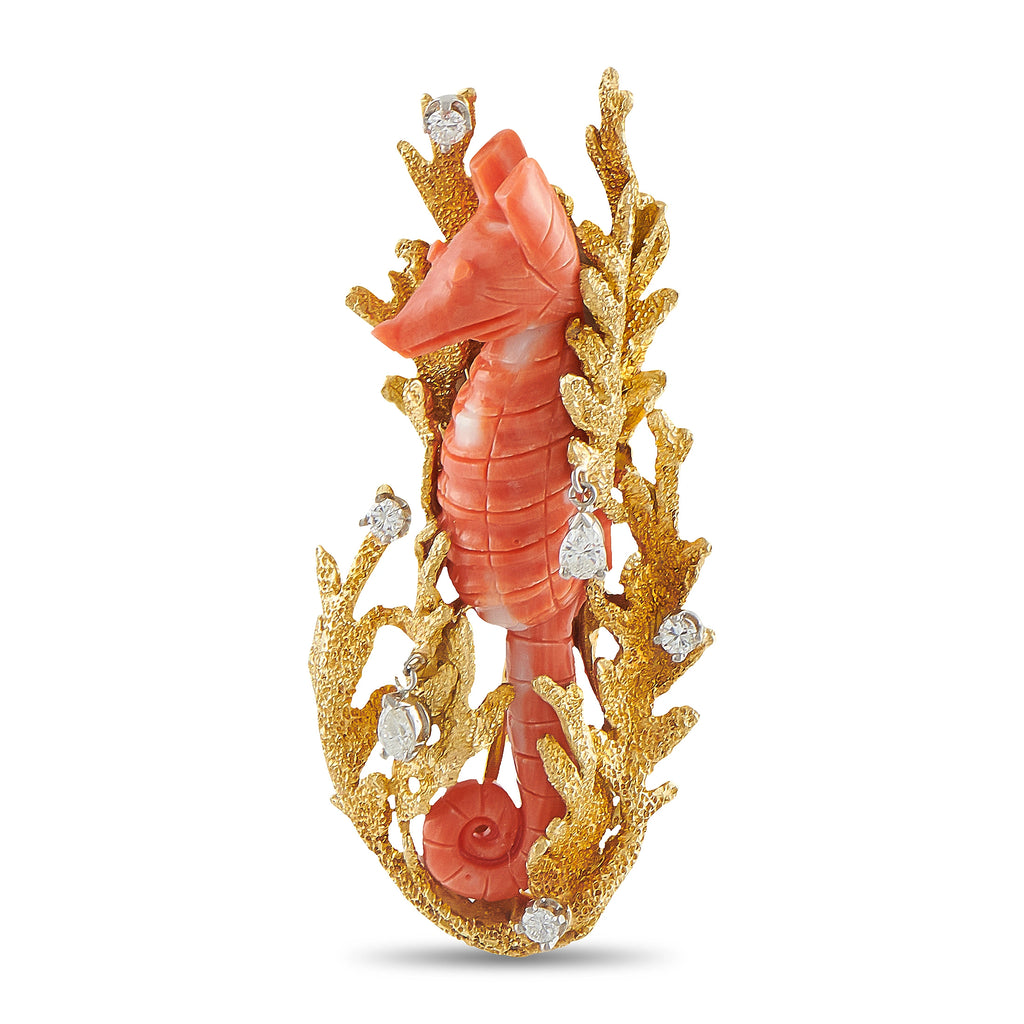 18K Yellow Gold 0.70ct Diamond and Coral Seahorse Brooch