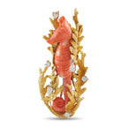 18K Yellow Gold 0.70ct Diamond and Coral Seahorse Brooch