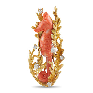 18K Yellow Gold 0.70ct Diamond and Coral Seahorse Brooch