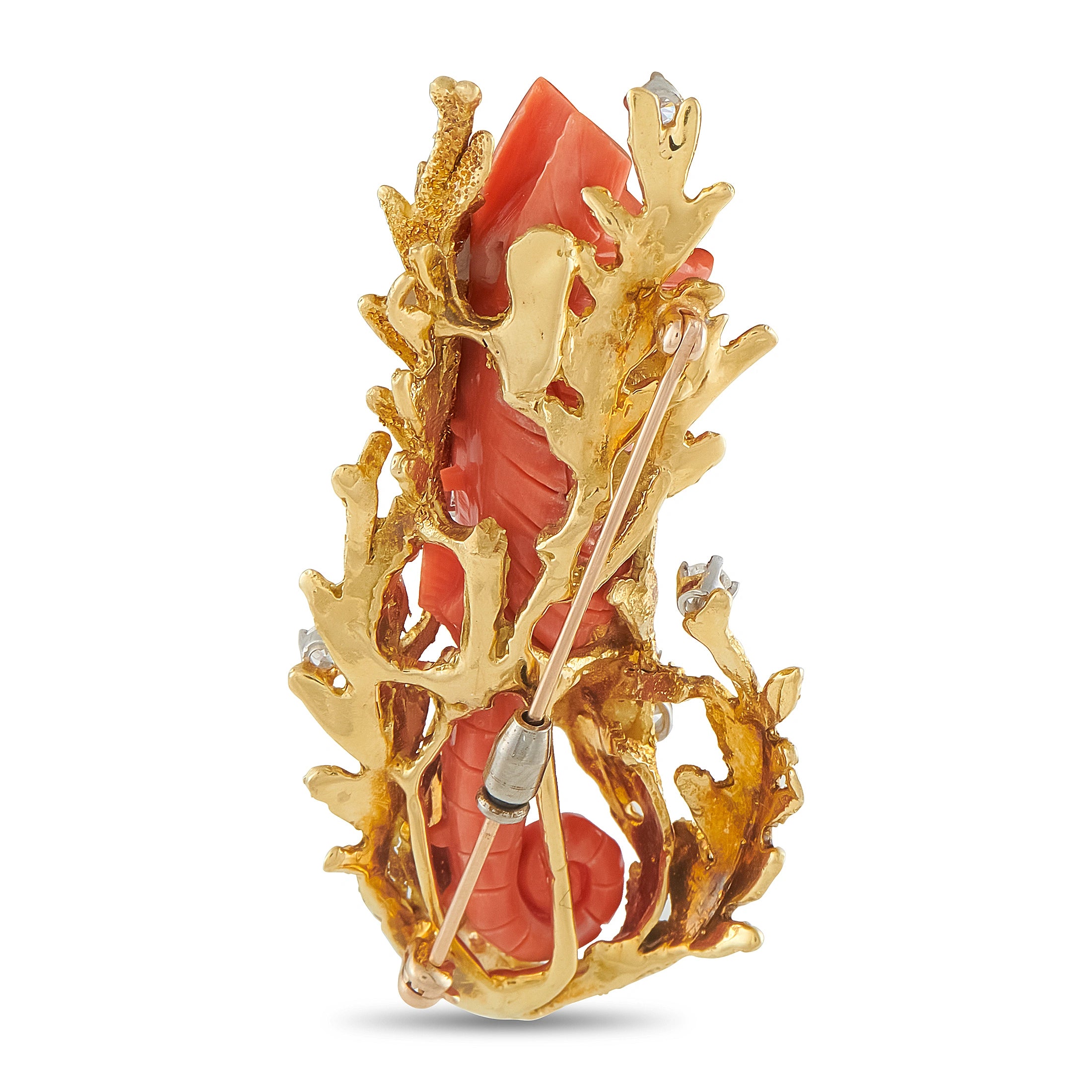 18K Yellow Gold 0.70ct Diamond and Coral Seahorse Brooch