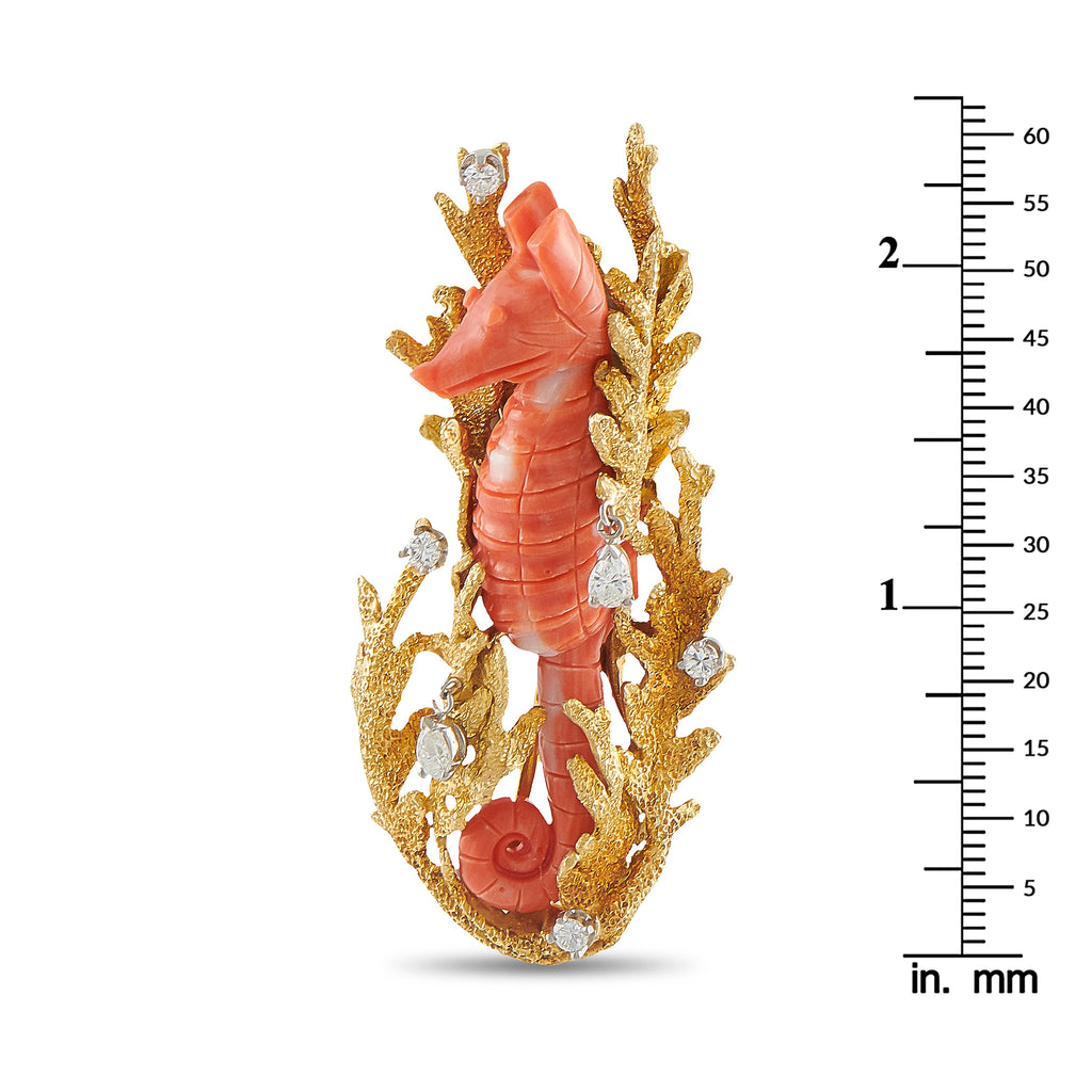 18K Yellow Gold 0.70ct Diamond and Coral Seahorse Brooch