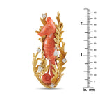 18K Yellow Gold 0.70ct Diamond and Coral Seahorse Brooch