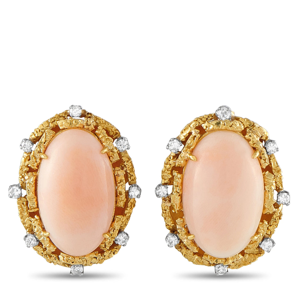 Exclusive  18K Yellow Gold 0.50ct Diamond Coral Cabochon Earrings