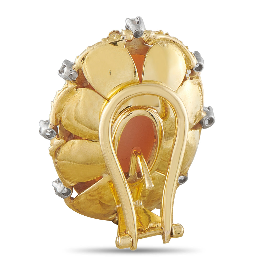 18K Yellow Gold 0.50ct Diamond Coral Cabochon Earrings