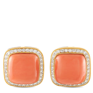 18K Yellow Gold 0.65ct Diamond and Coral Earrings