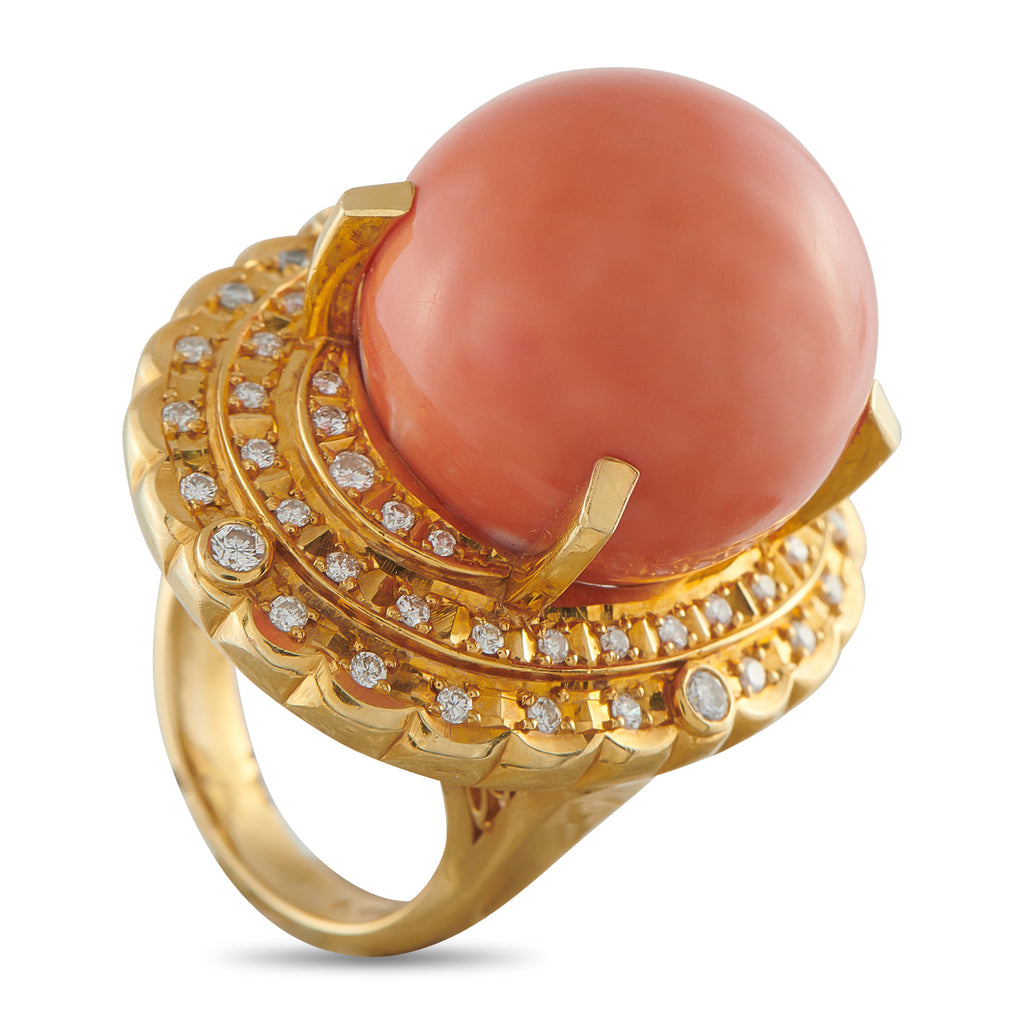 18K Yellow Gold 0.89ct Diamond and Coral Ring